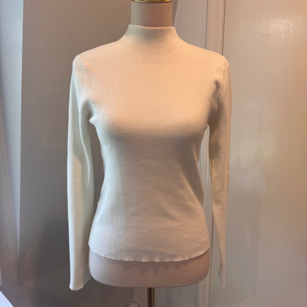 MNG White Mock Neck Long Sleeve Sweater Soft Ribbed Knit Top | Size S
